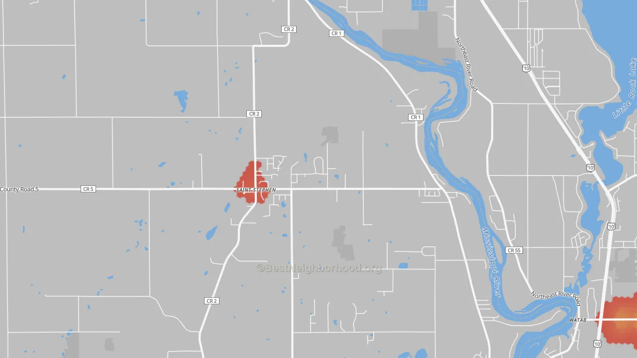 Walk Grade map of St. Stephen, MN, walkable areas in green and car-dependent areas in red