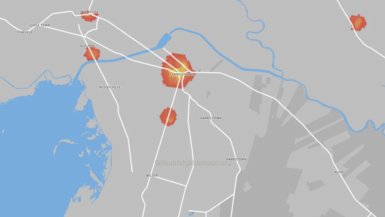 Walk Grade map of St. Stephen, SC, walkable areas in green and car-dependent areas in red
