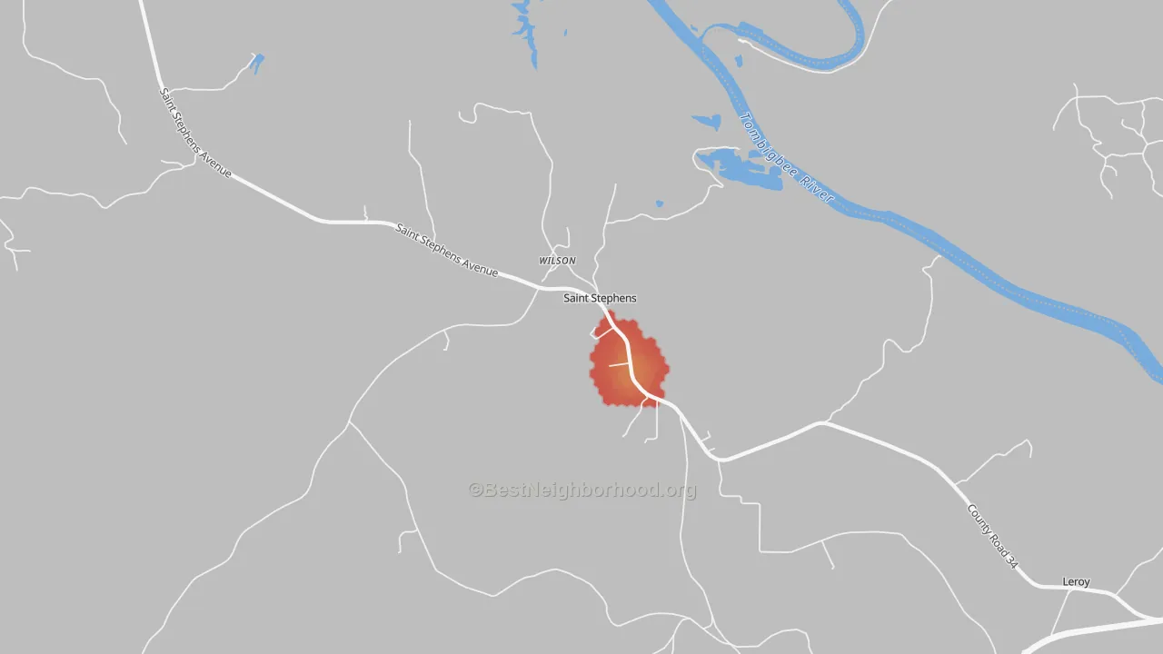 Walk Grade map of St. Stephens, AL, walkable areas in green and car-dependent areas in red