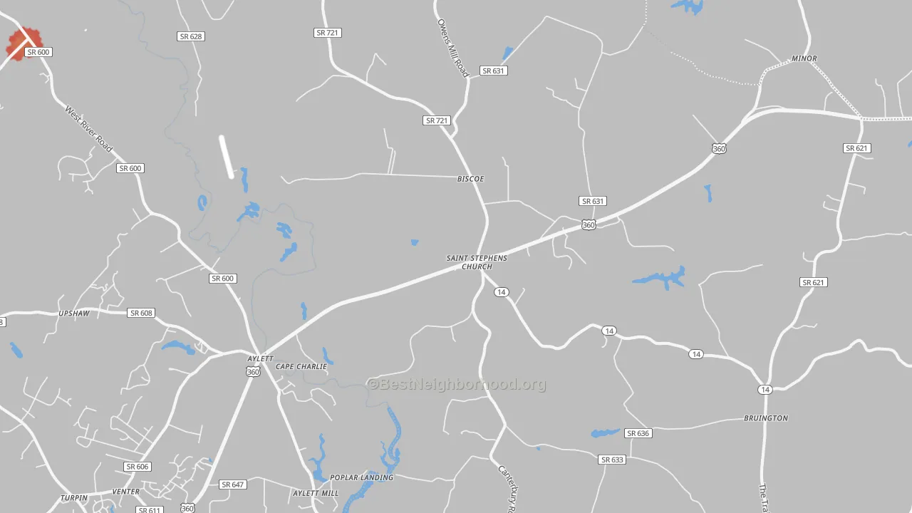 Walk Grade map of St. Stephens Church, VA, walkable areas in green and car-dependent areas in red