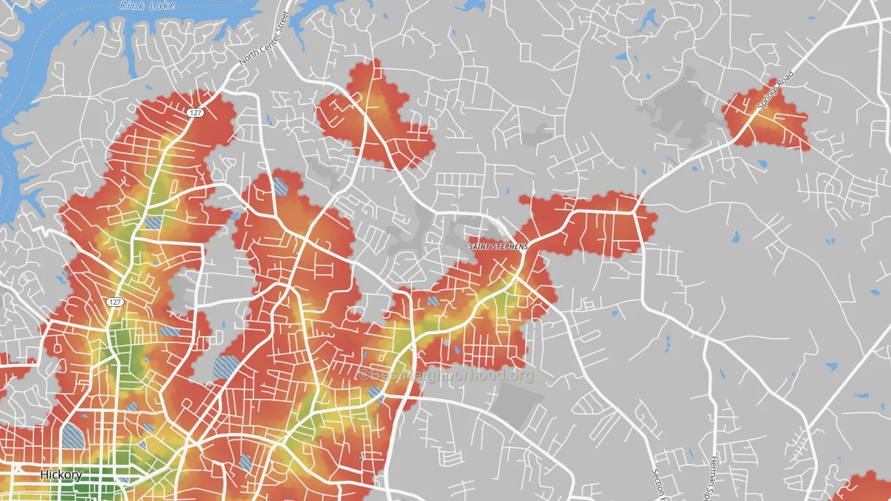 Walk Grade map of St. Stephens, NC, walkable areas in green and car-dependent areas in red