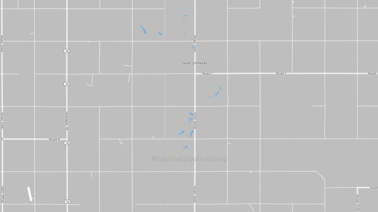 Walk Grade map of St. Stephens, NE, walkable areas in green and car-dependent areas in red