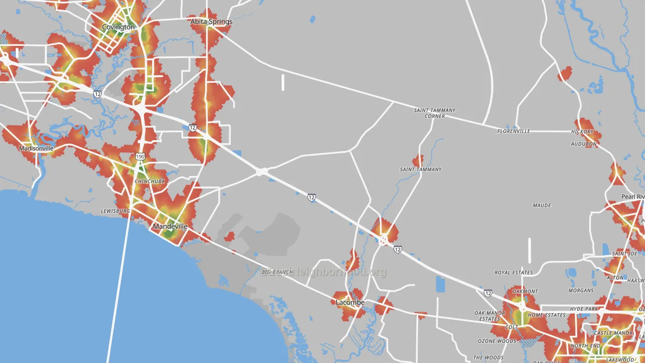 Walk Grade map of St. Tammany Parish, LA, walkable areas in green and car-dependent areas in red