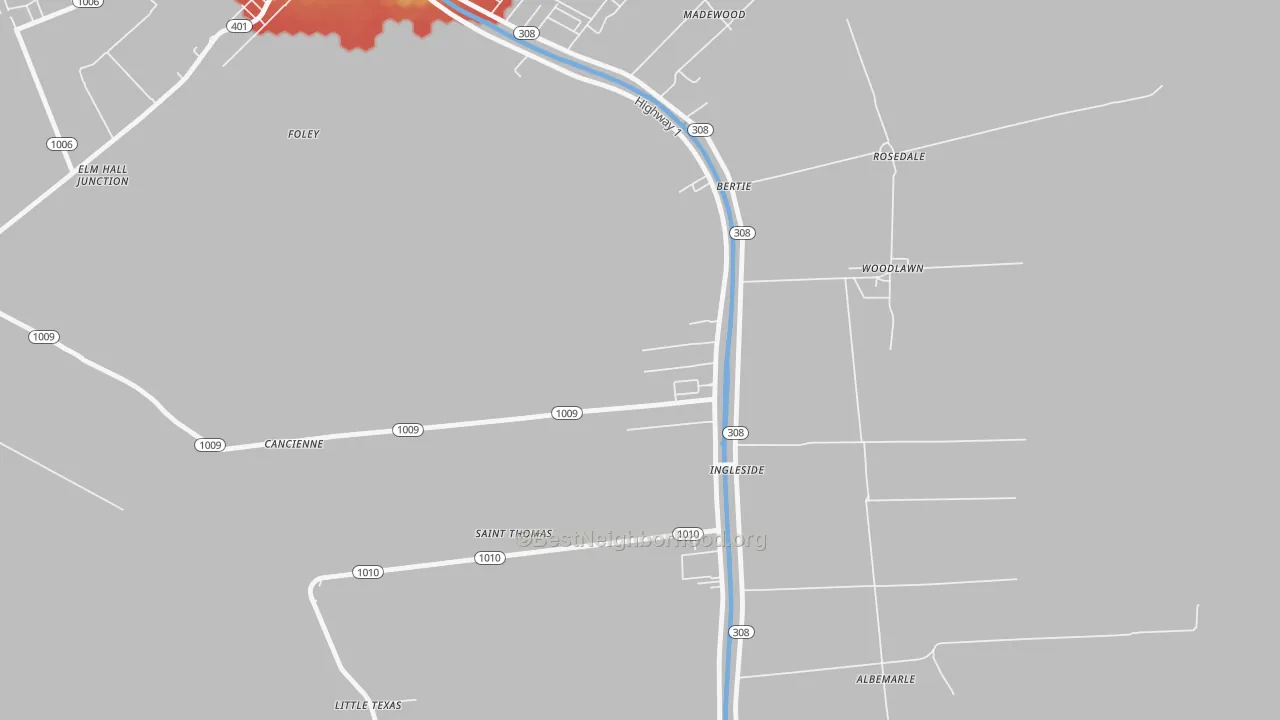 Walk Grade map of St. Thomas, LA, walkable areas in green and car-dependent areas in red