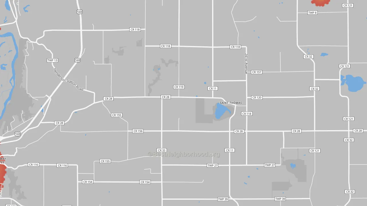 Walk Grade map of St. Thomas, MN, walkable areas in green and car-dependent areas in red