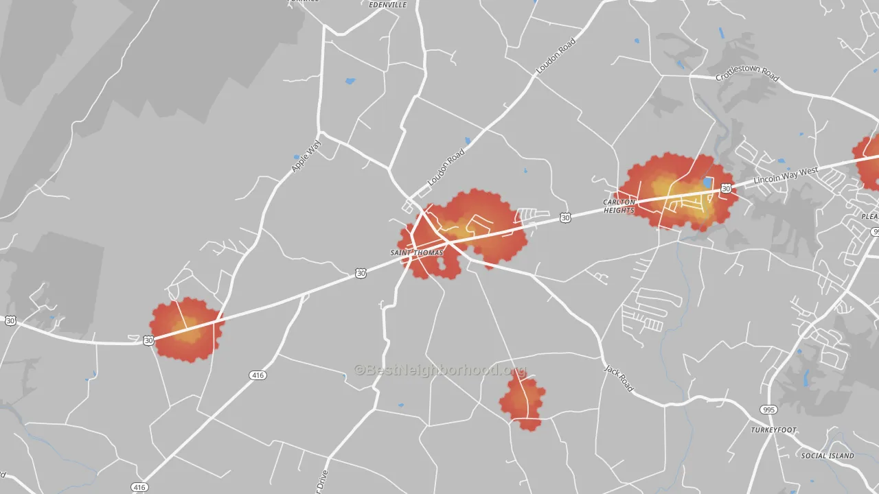 Walk Grade map of St. Thomas, PA, walkable areas in green and car-dependent areas in red