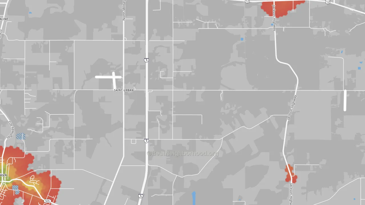 Walk Grade map of St. Urbans, WA, walkable areas in green and car-dependent areas in red