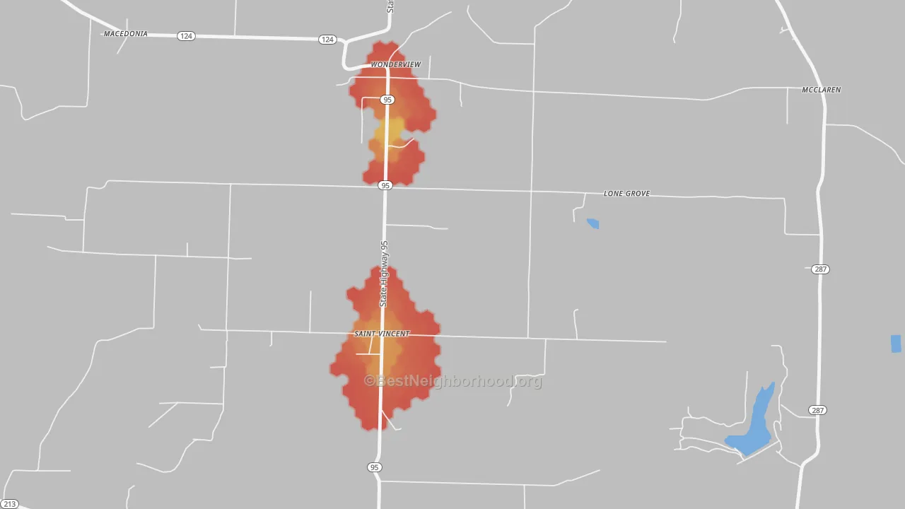 Walk Grade map of St. Vincent, AR, walkable areas in green and car-dependent areas in red