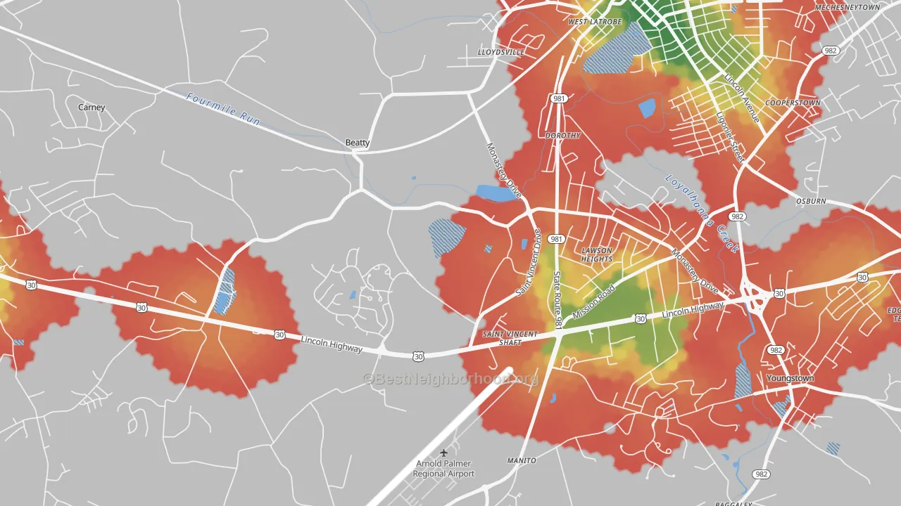 Walk Grade map of St. Vincent College, PA, walkable areas in green and car-dependent areas in red
