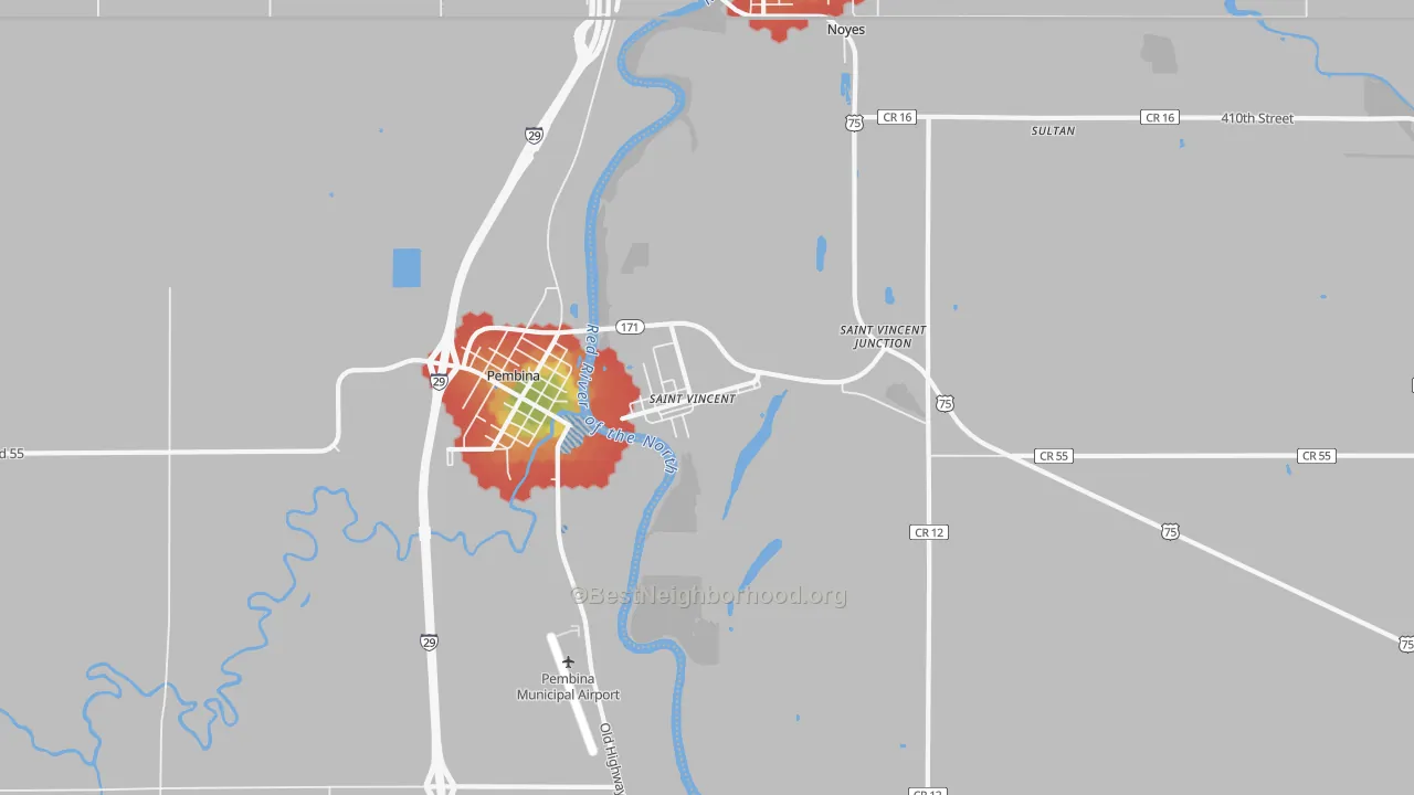 Walk Grade map of St. Vincent, MN, walkable areas in green and car-dependent areas in red