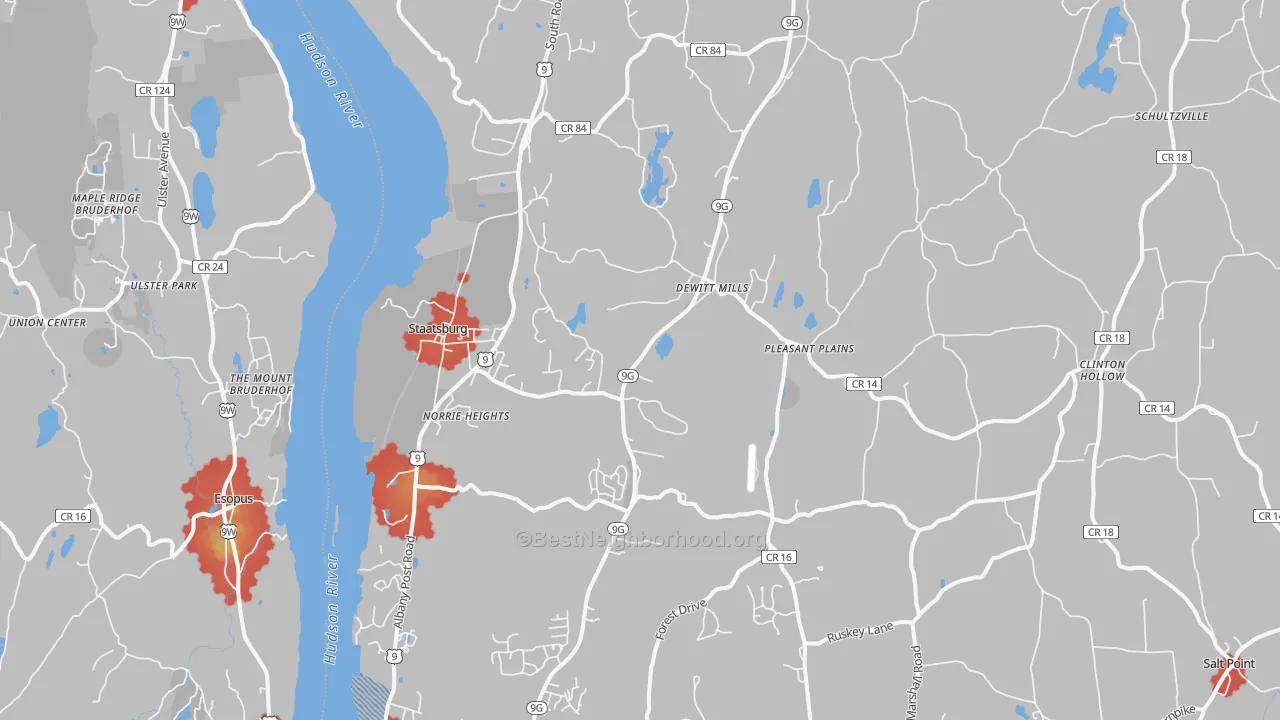 Walk Grade map of Staatsburg, NY, walkable areas in green and car-dependent areas in red