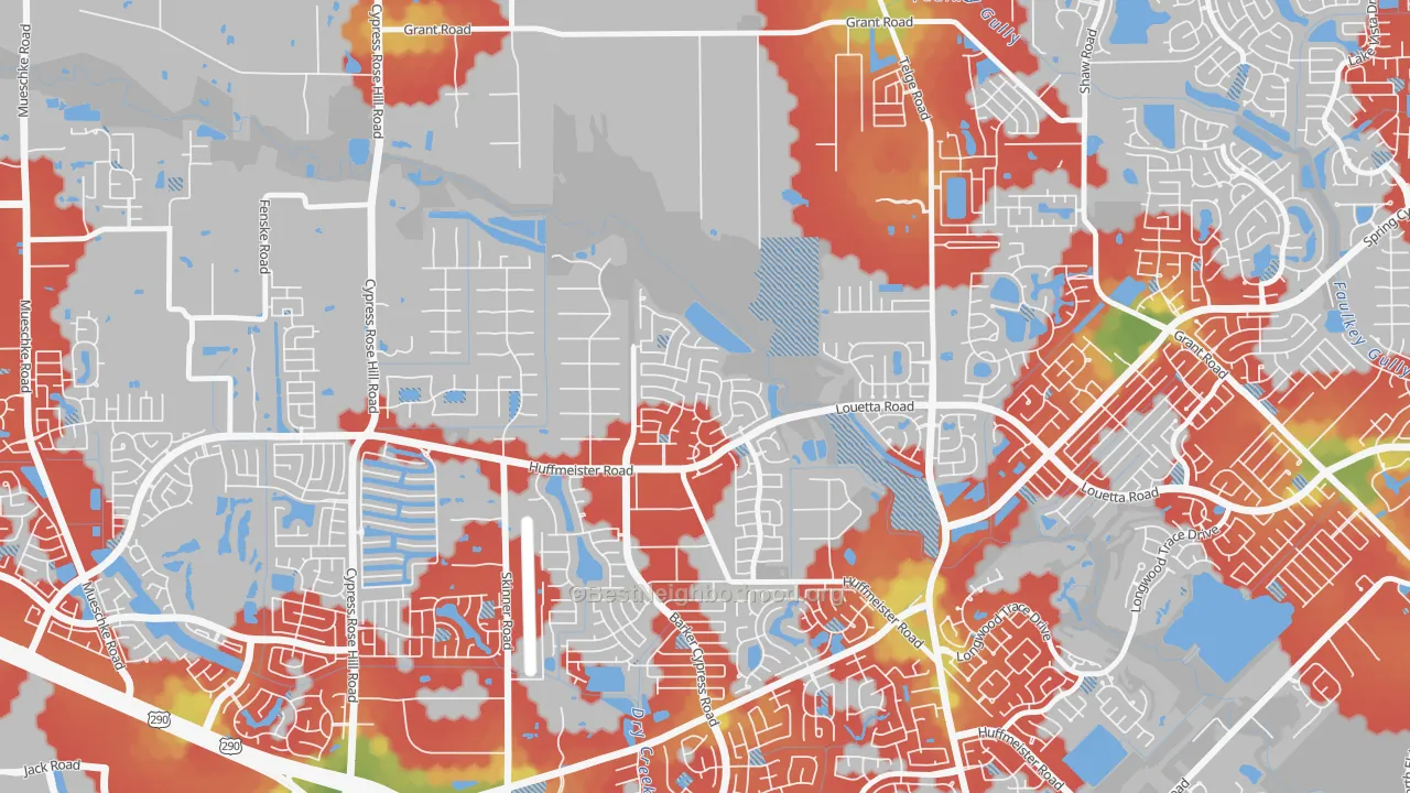 Walk Grade map of Stablewood-Valley Hi North-Houston, Cypress, TX, walkable areas in green and car-dependent areas in red