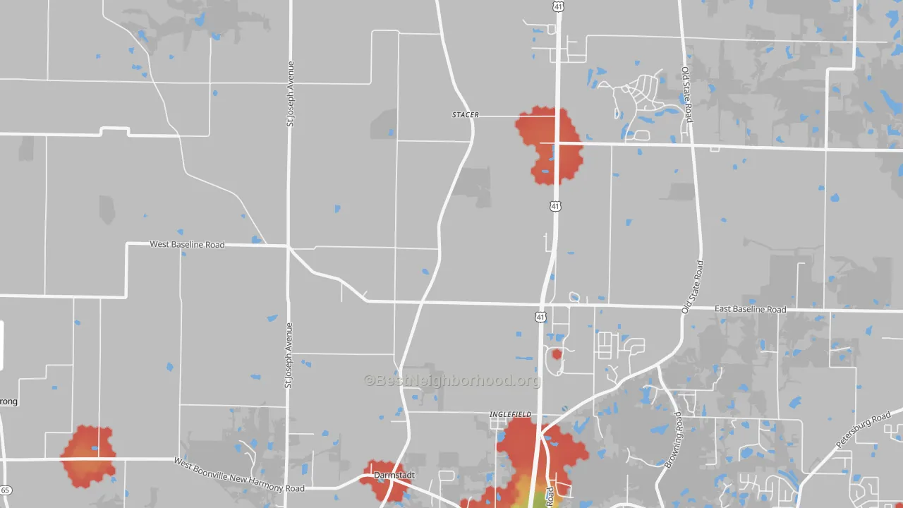 Walk Grade map of Stacer, IN, walkable areas in green and car-dependent areas in red