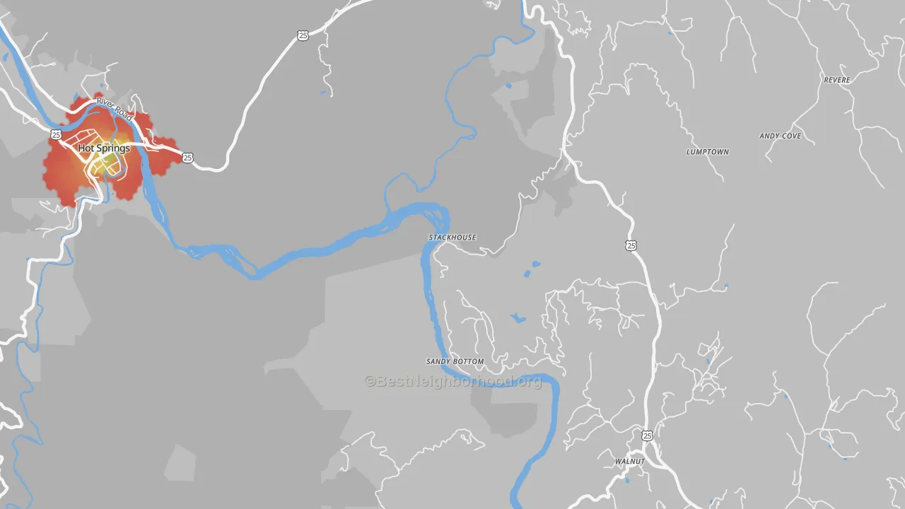 Walk Grade map of Stackhouse, NC, walkable areas in green and car-dependent areas in red