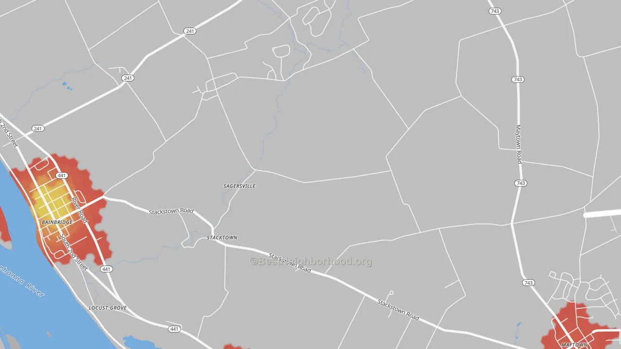 Walk Grade map of Stacktown, PA, walkable areas in green and car-dependent areas in red