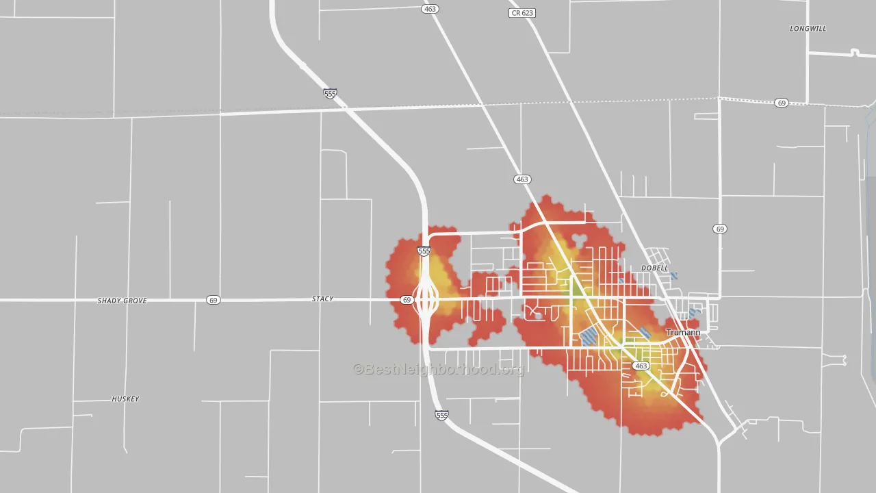 Walk Grade map of Stacy, AR, walkable areas in green and car-dependent areas in red