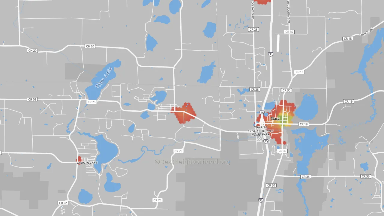 Walk Grade map of Stacy, MN, walkable areas in green and car-dependent areas in red