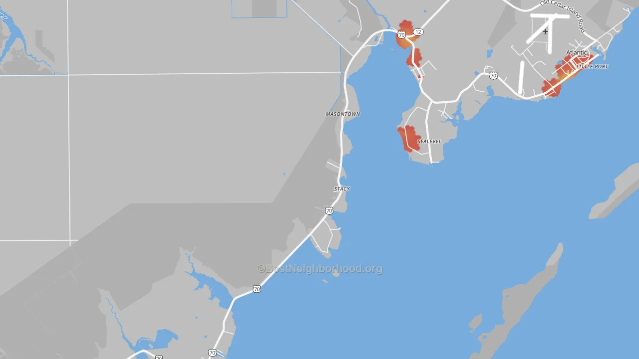 Walk Grade map of Stacy, NC, walkable areas in green and car-dependent areas in red