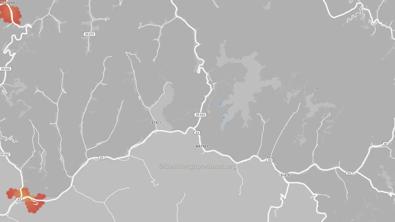 Walk Grade map of Stacy, VA, walkable areas in green and car-dependent areas in red