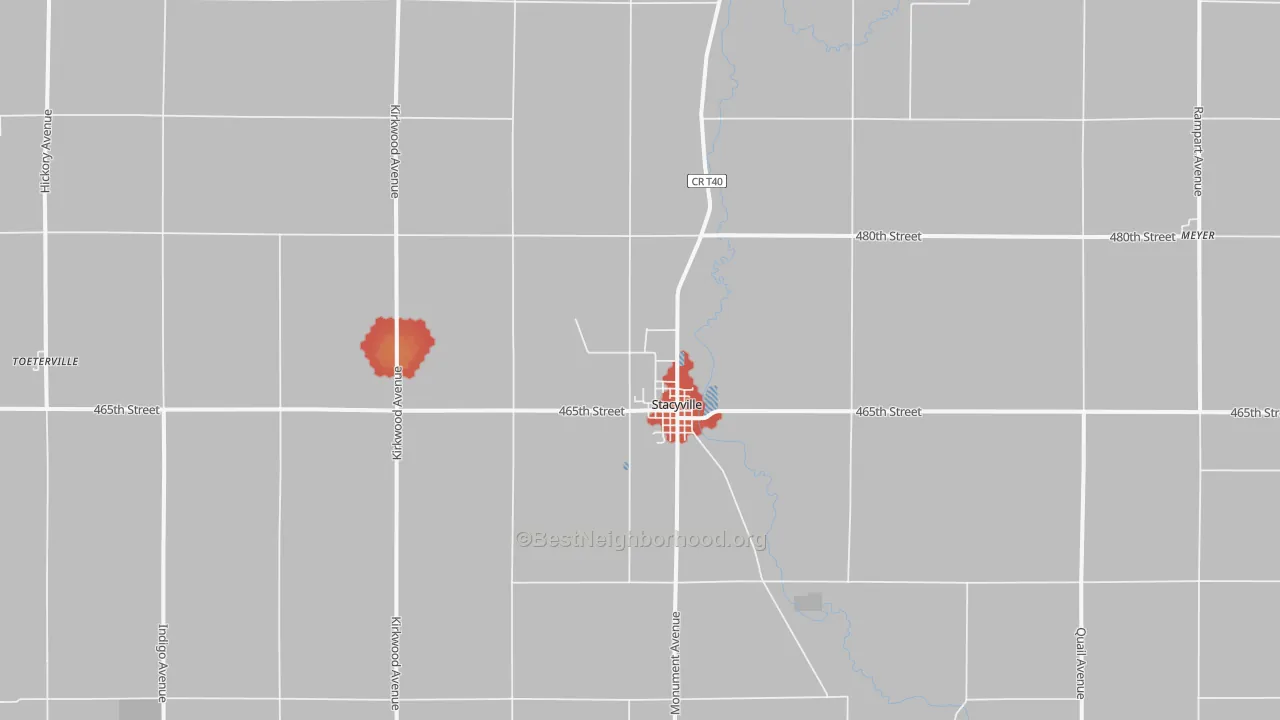Walk Grade map of Stacyville, IA, walkable areas in green and car-dependent areas in red