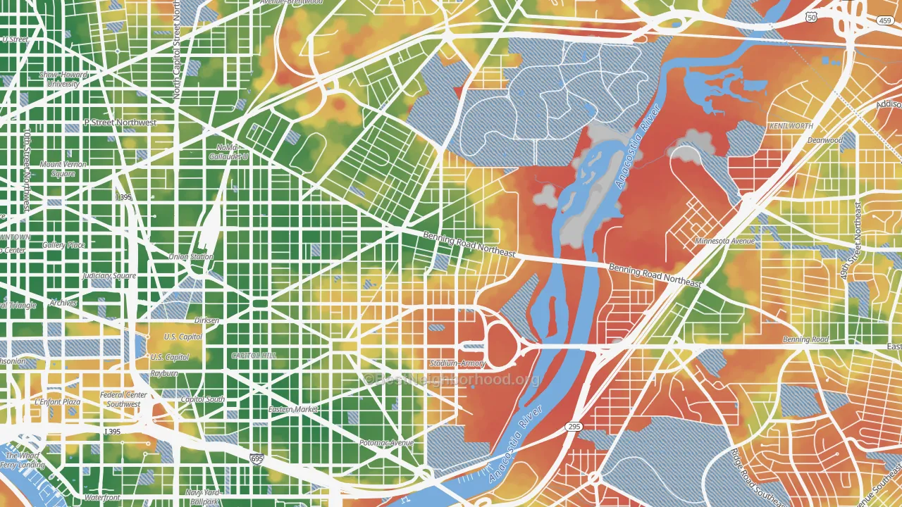 Walk Grade map of Stadium-Armory, Washington, DC, walkable areas in green and car-dependent areas in red