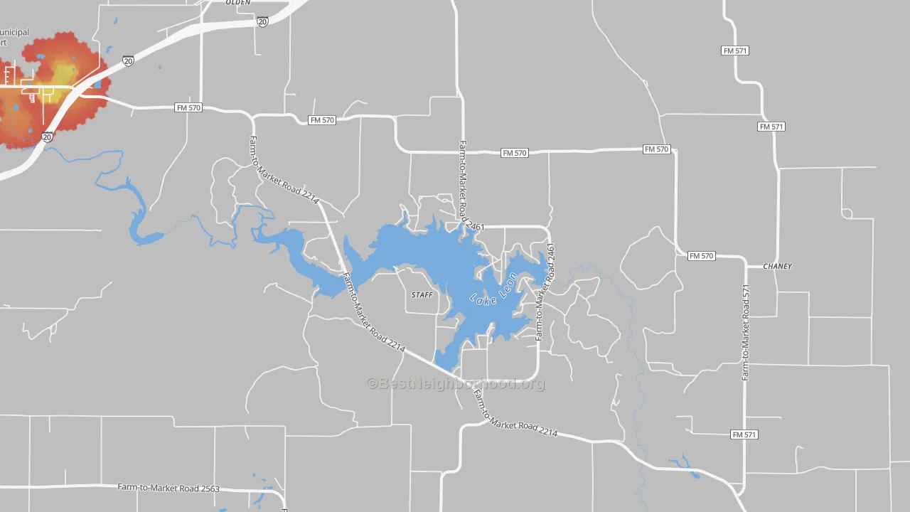Walk Grade map of Staff, TX, walkable areas in green and car-dependent areas in red