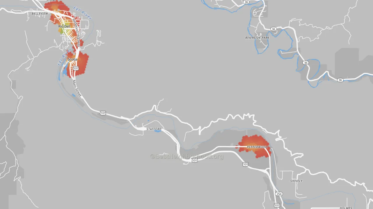 Walk Grade map of Stafford, CA, walkable areas in green and car-dependent areas in red