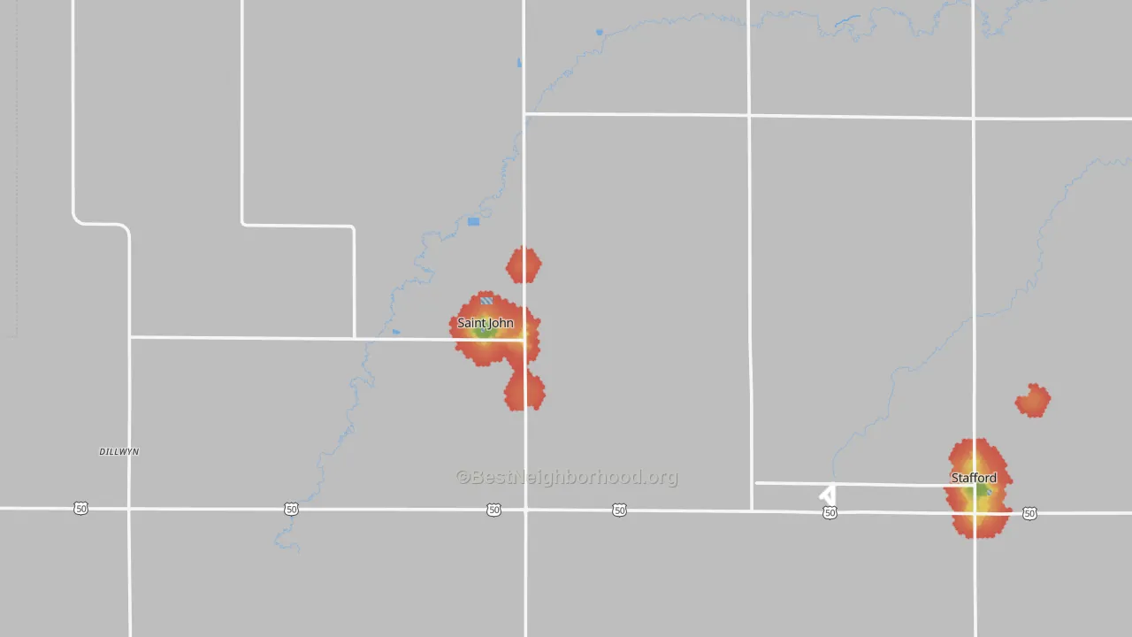 Walk Grade map of Stafford County, KS, walkable areas in green and car-dependent areas in red