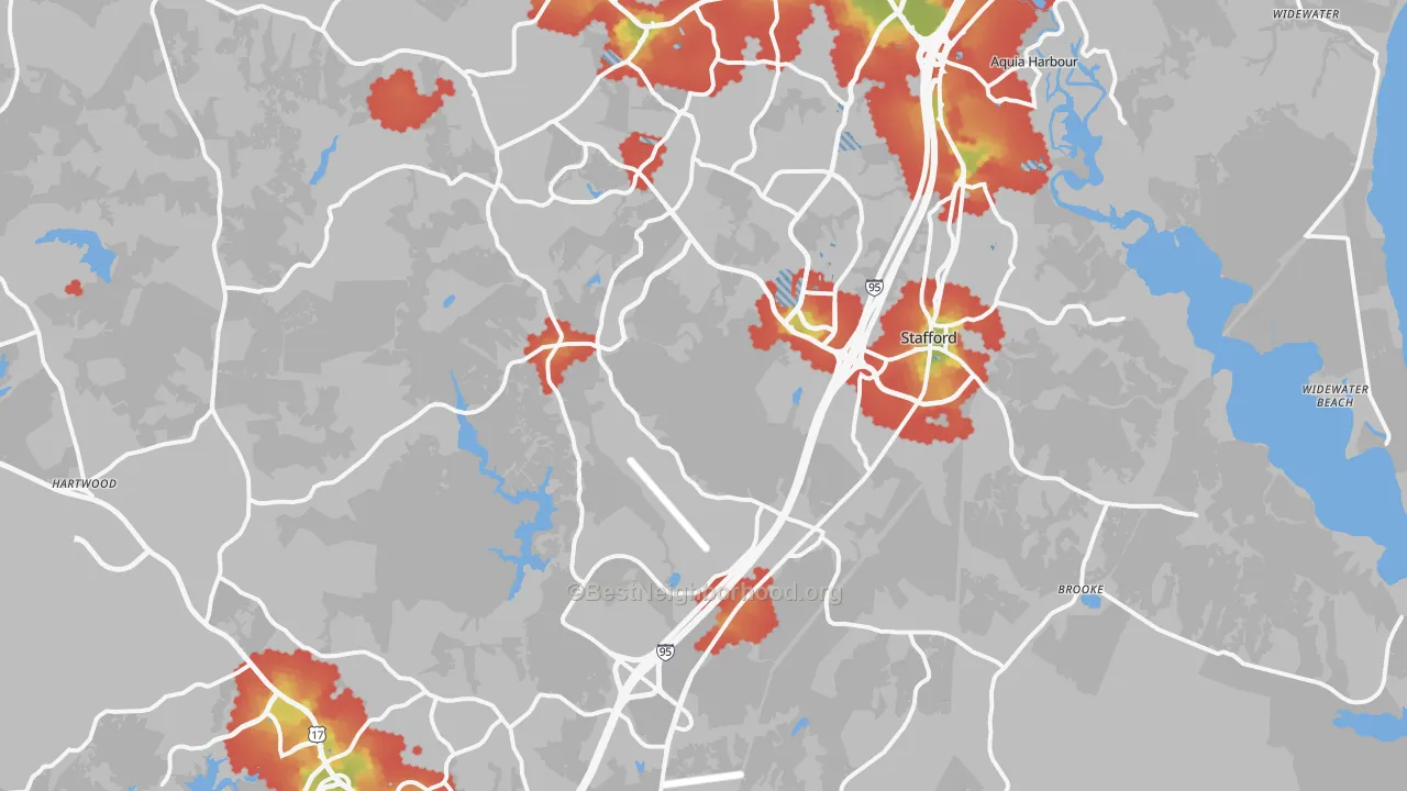 Walk Grade map of Stafford County, VA, walkable areas in green and car-dependent areas in red
