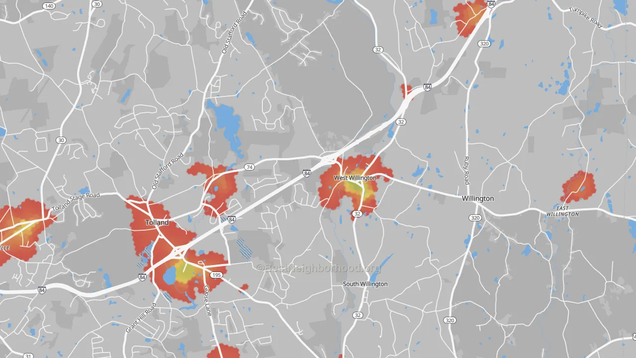 Walk Grade map of Stafford, CT, walkable areas in green and car-dependent areas in red