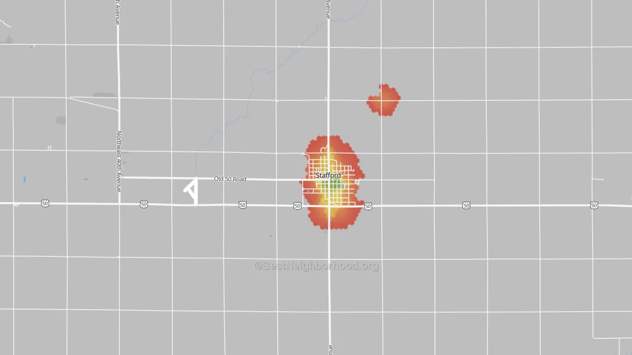 Walk Grade map of Stafford, KS, walkable areas in green and car-dependent areas in red