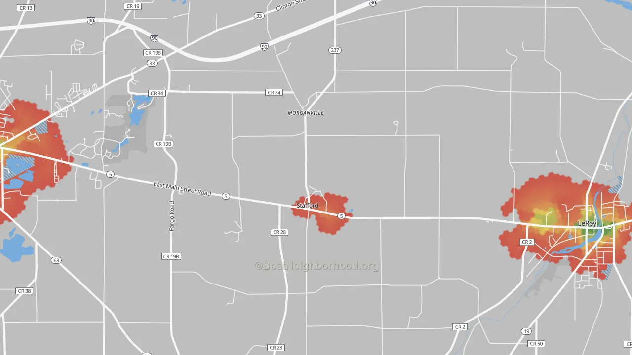 Walk Grade map of Stafford, NY, walkable areas in green and car-dependent areas in red
