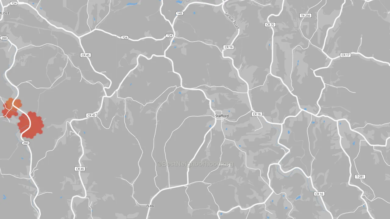 Walk Grade map of Stafford, OH, walkable areas in green and car-dependent areas in red