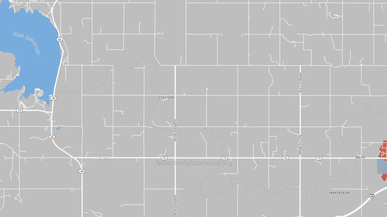 Walk Grade map of Stafford, OK, walkable areas in green and car-dependent areas in red
