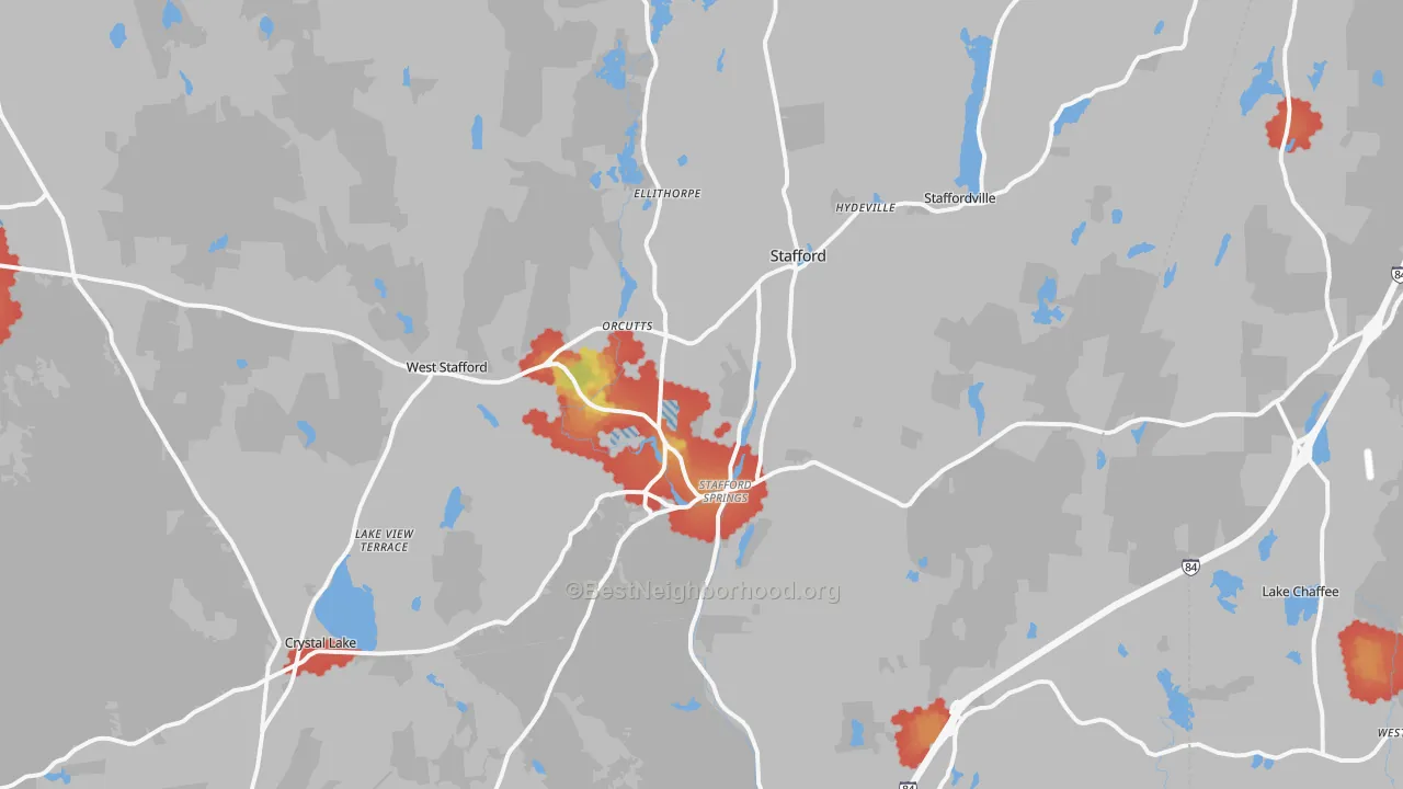 Walk Grade map of Stafford Springs, CT, walkable areas in green and car-dependent areas in red