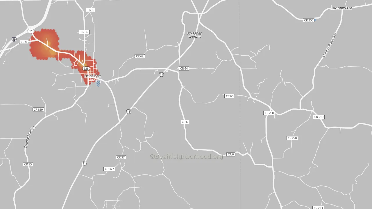 Walk Grade map of Stafford Springs, MS, walkable areas in green and car-dependent areas in red