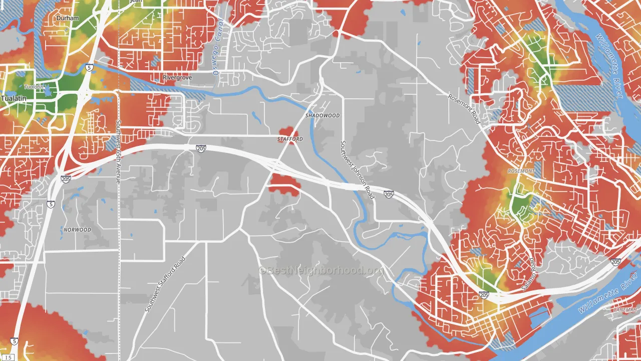 Walk Grade map of Stafford-Tualatin Valley, West Linn, OR, walkable areas in green and car-dependent areas in red