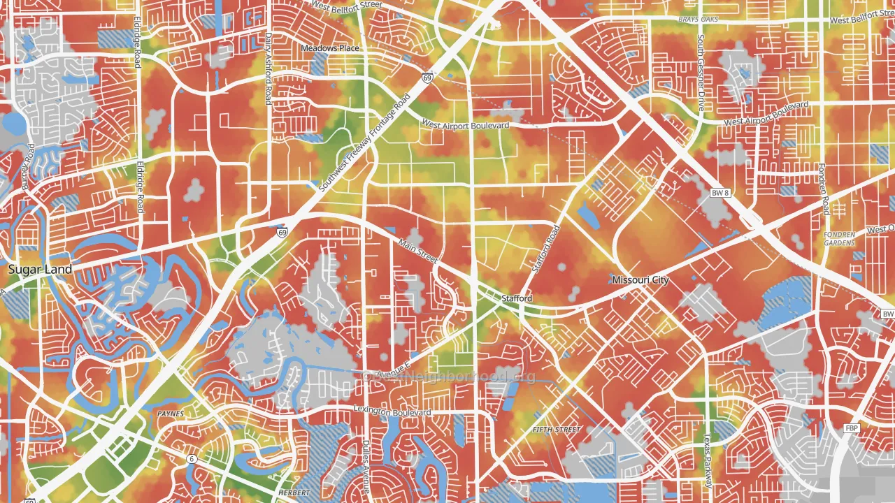 Walk Grade map of Stafford, TX, walkable areas in green and car-dependent areas in red