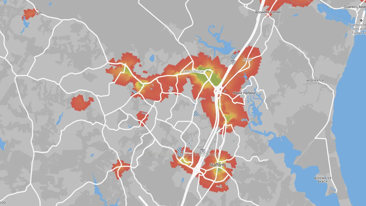 Walk Grade map of Stafford, VA, walkable areas in green and car-dependent areas in red