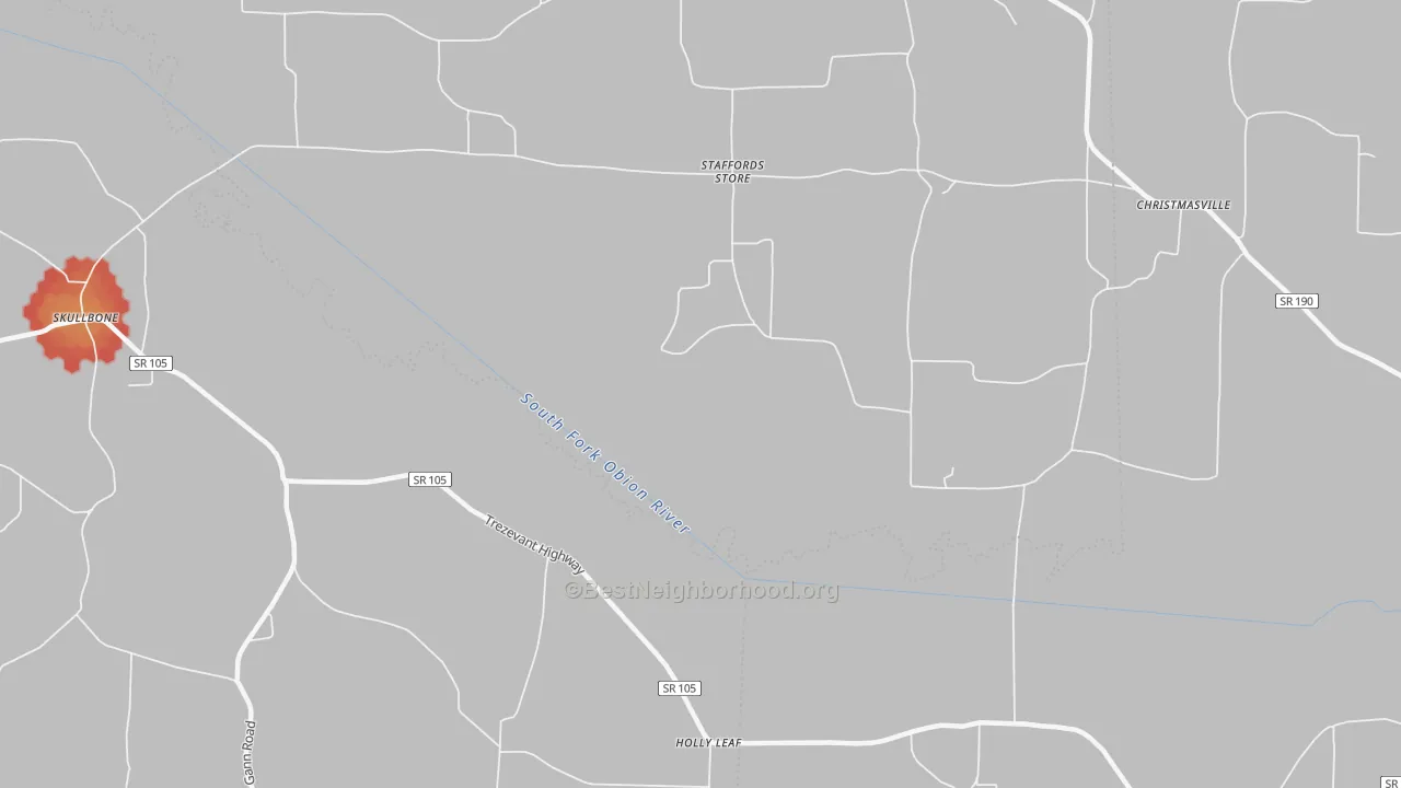 Walk Grade map of Staffords Store, TN, walkable areas in green and car-dependent areas in red