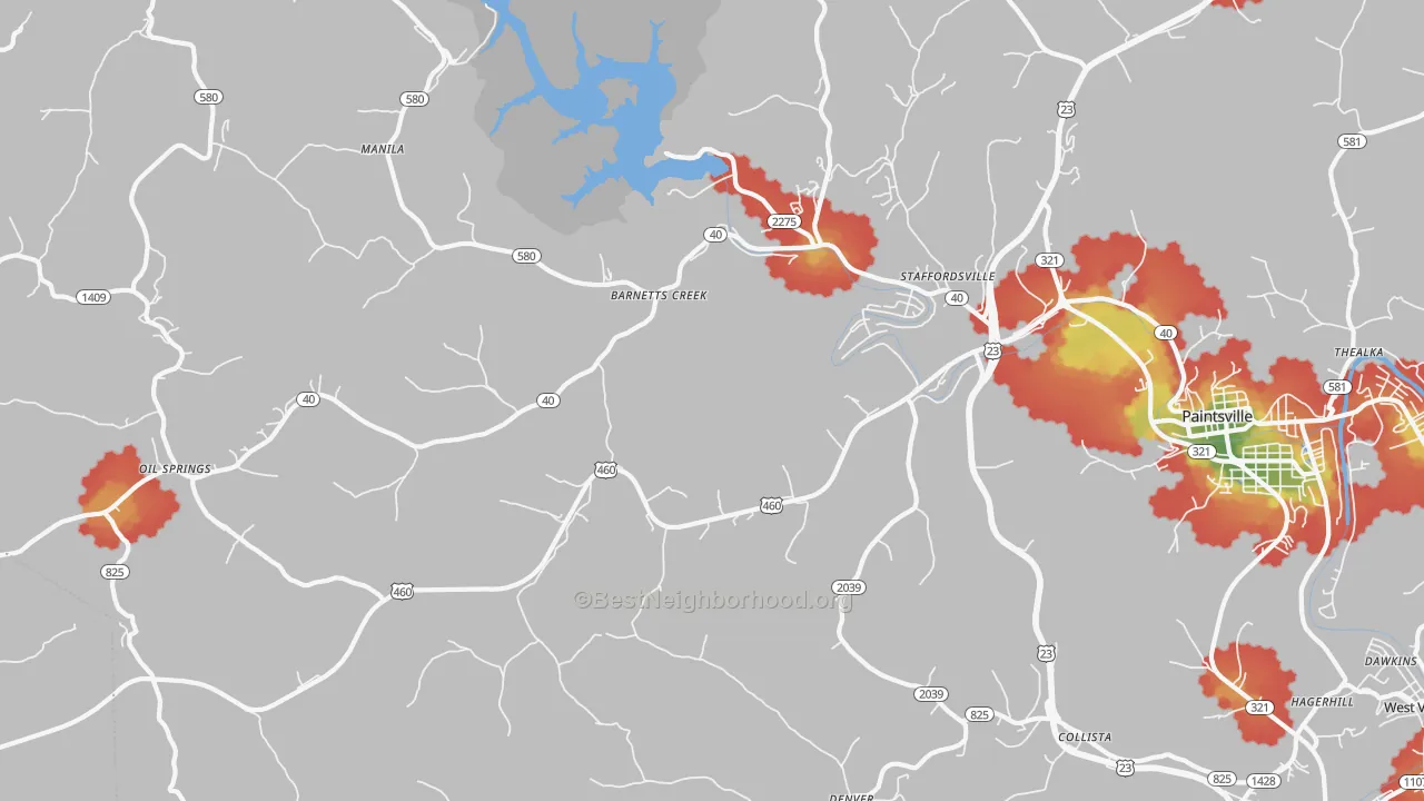 Walk Grade map of Staffordsville, KY, walkable areas in green and car-dependent areas in red