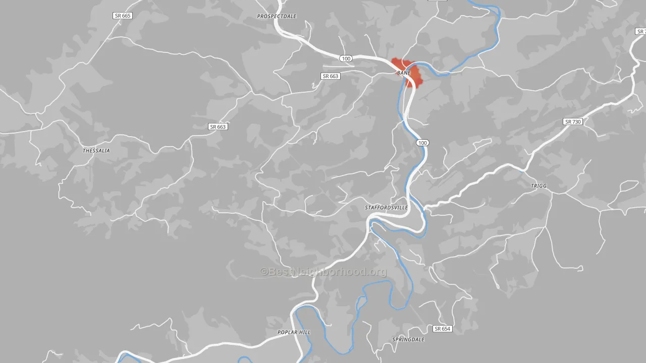Walk Grade map of Staffordsville, VA, walkable areas in green and car-dependent areas in red