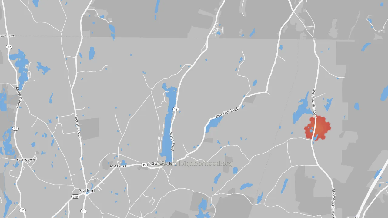 Walk Grade map of Staffordville, CT, walkable areas in green and car-dependent areas in red