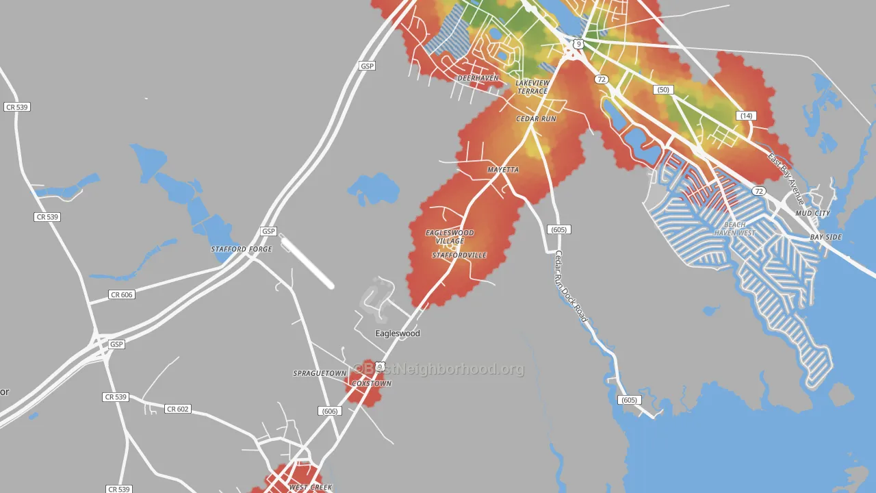 Walk Grade map of Staffordville, NJ, walkable areas in green and car-dependent areas in red