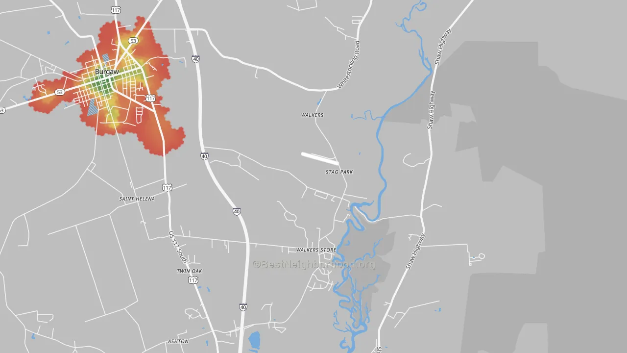 Walk Grade map of Stag Park, NC, walkable areas in green and car-dependent areas in red