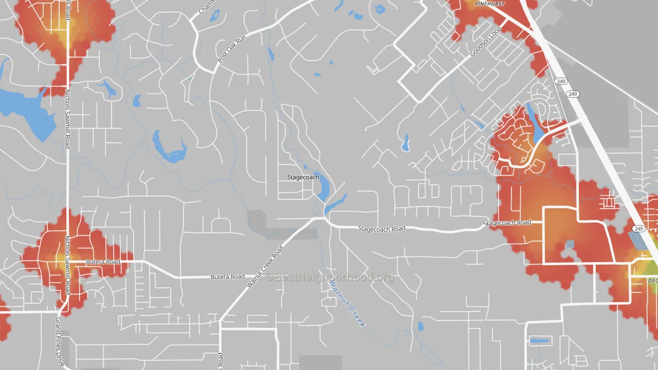Walk Grade map of Stagecoach, TX, walkable areas in green and car-dependent areas in red