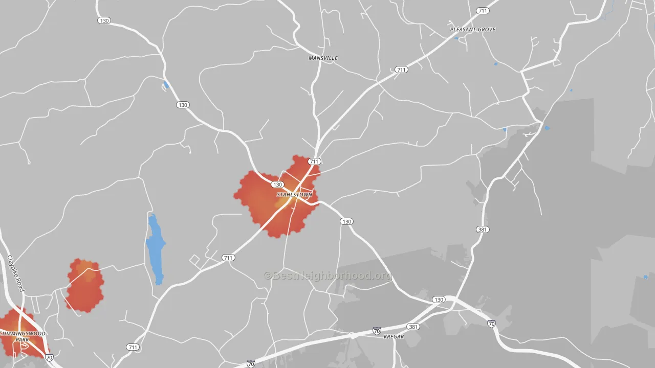 Walk Grade map of Stahlstown, PA, walkable areas in green and car-dependent areas in red
