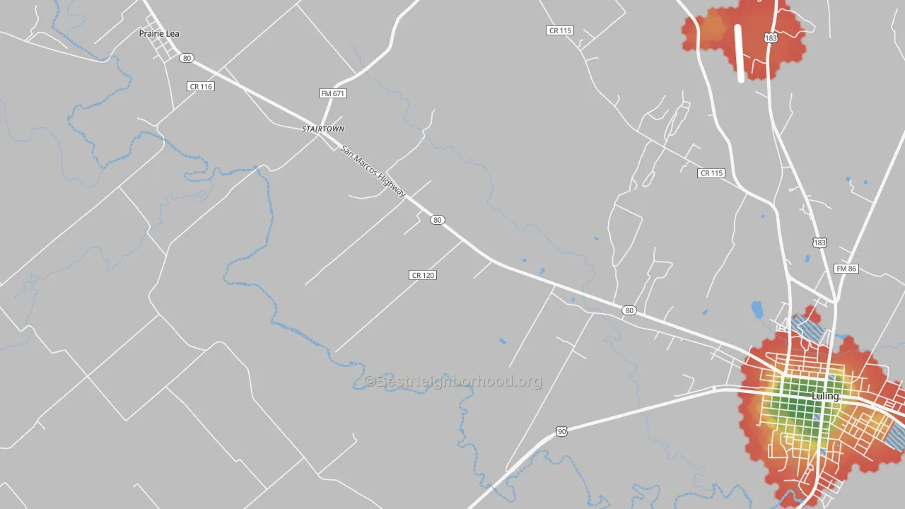 Walk Grade map of Stairtown, TX, walkable areas in green and car-dependent areas in red