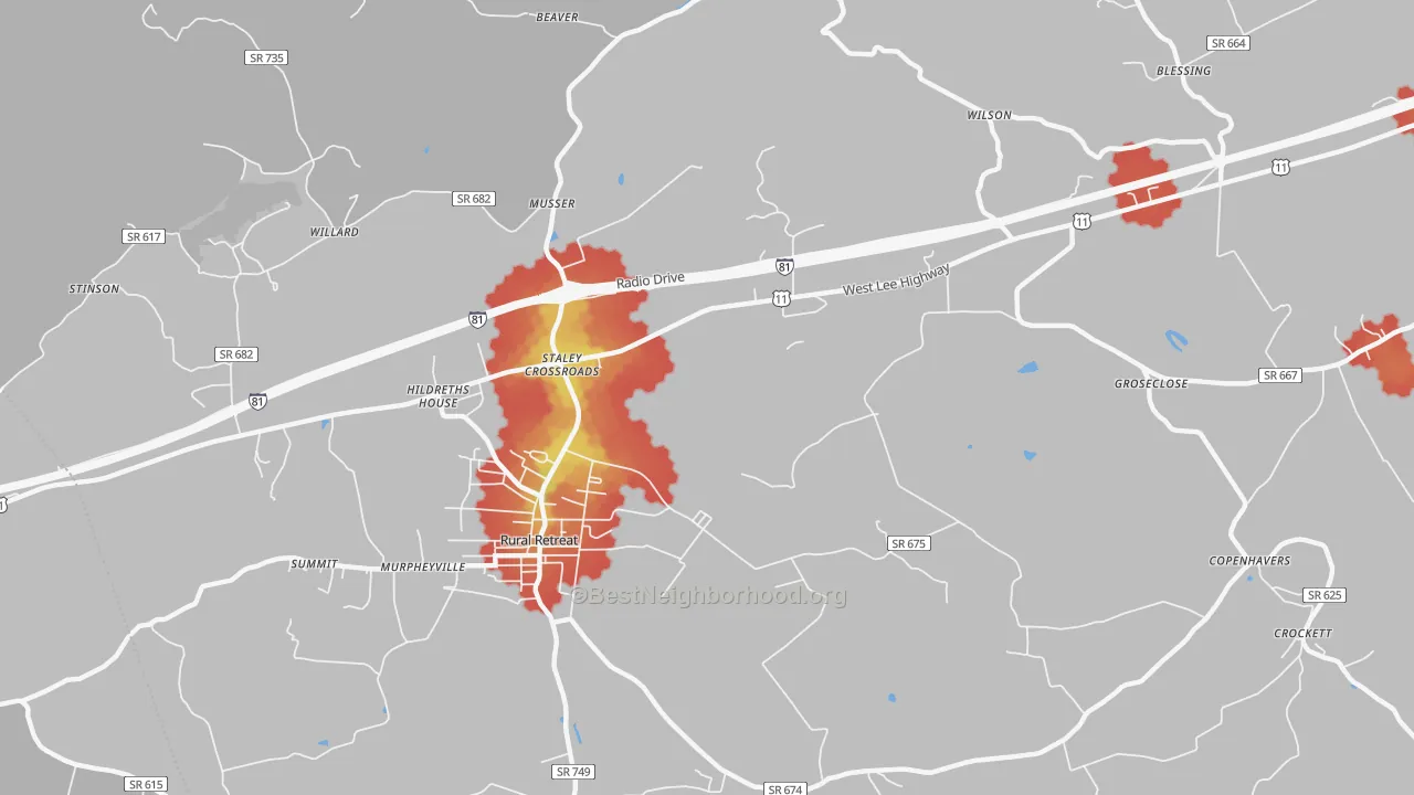 Walk Grade map of Staley Crossroads, VA, walkable areas in green and car-dependent areas in red