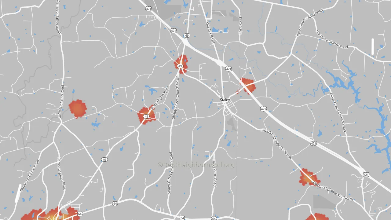 Walk Grade map of Staley, NC, walkable areas in green and car-dependent areas in red